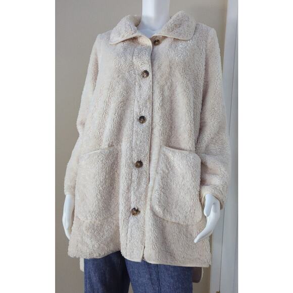 LOFT Ivory Lightweight Funnel Neck Deep Pile Sherpa Fleece Coat Women Size M - Picture 2 of 8